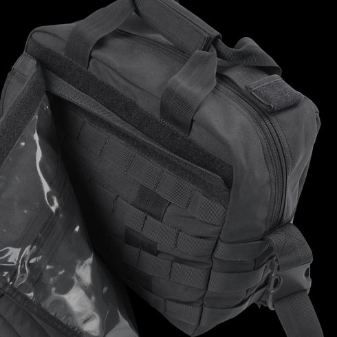 The Condor E & E Bag 9L is a black tactical bag featuring multiple compartments, zippers, webbing, and a clear plastic inner pocket—ideal for EDC or law enforcement use.